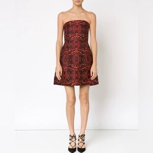 Alice + Olivia Nikki Strapless Brocade Red and Black Dress